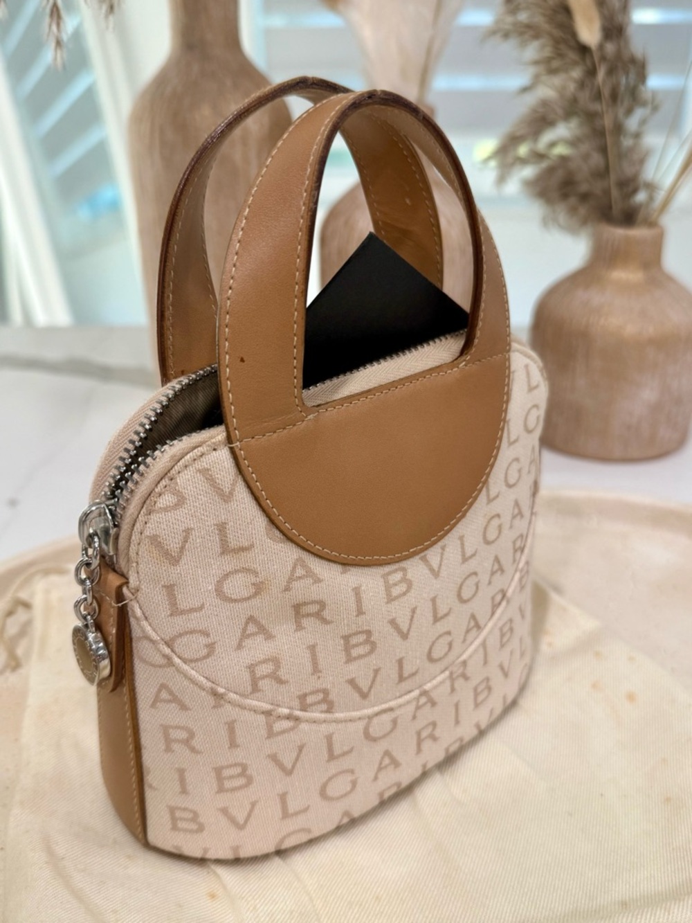 Bvlgari Logomania Mini Tote Bag - Beige Canvas & Tan Leather - Authentic BULGARI - Picture 11 of 11